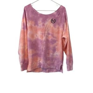 VS PINK Pink and Orange Tie Dye Off The Shoulder Crewneck Sweatshirt